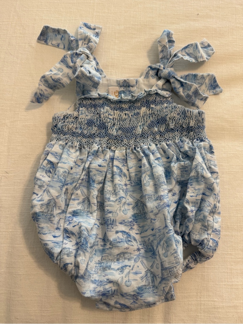 Blue Toile Smocked Baby One-Piece Romper